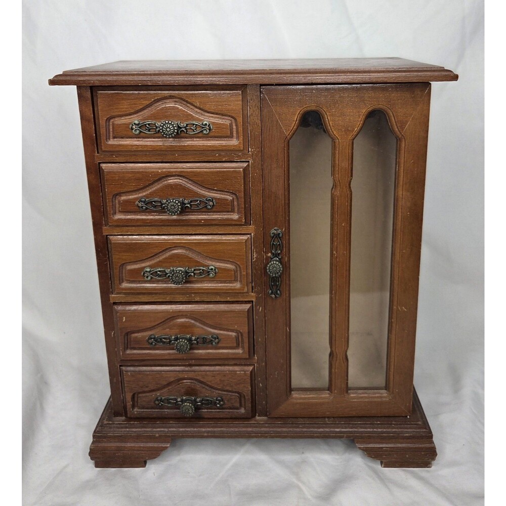Vtg Wood Jewelry Music Box Armoire Dresser W/ Metal Necklace Carousel Untested